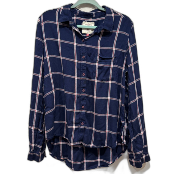 SO Button Up Flannel Perfect Shirt Relaxed Top Navy & White Checkered Womens XL - Picture 1 of 7